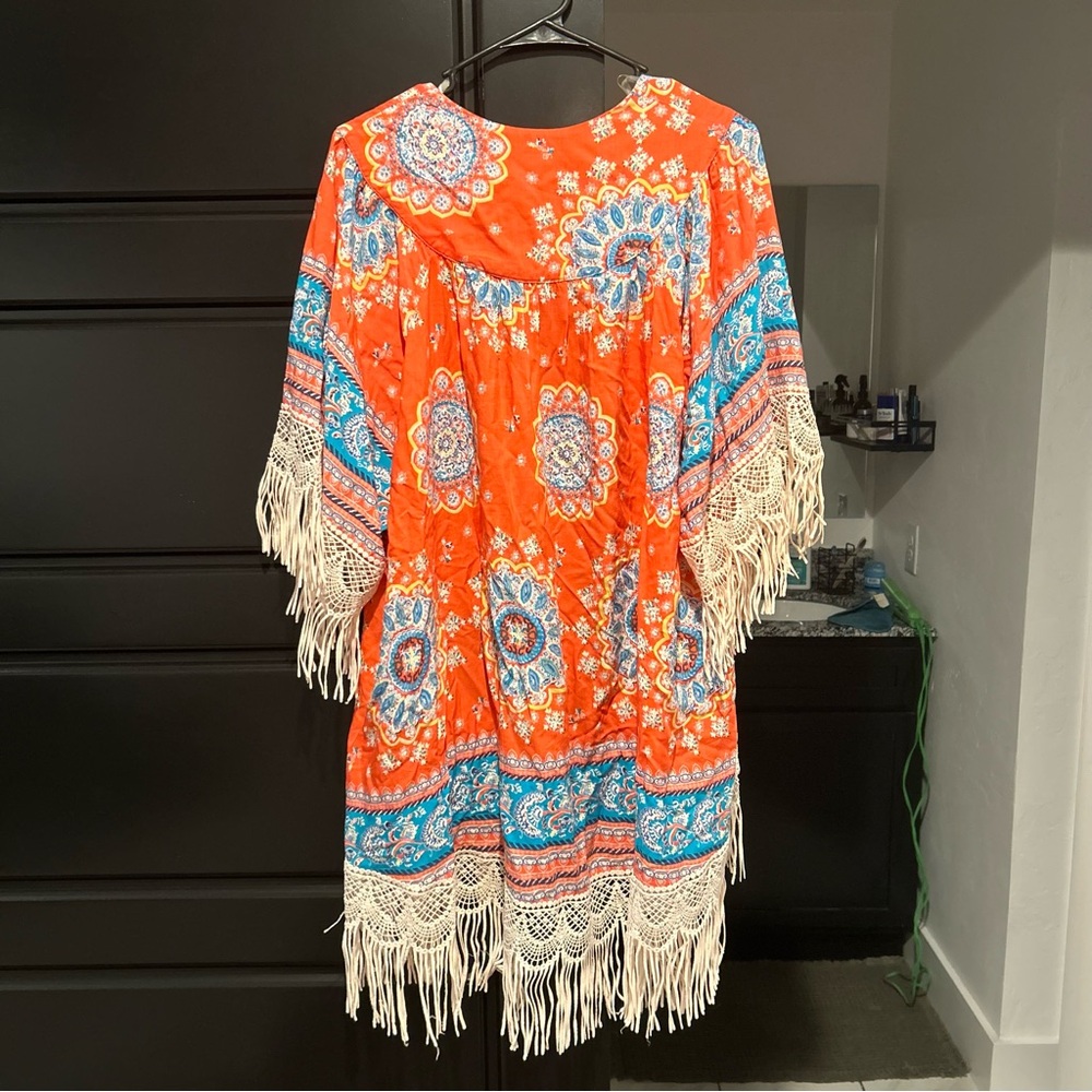 Umgee Bohemian Bright Orange and Blue Fringe Kimono Work Or Swim Cover Up - Picture 6 of 7